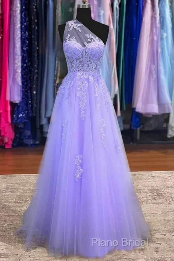 Classy A-Line One Shoulder Lavender Long Formal Prom Dresses