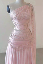 Classy A Line One Shoulder Pink Chiffon Formal Evening Gown Formal Prom Dresses