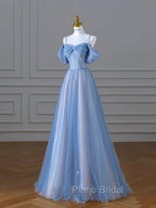 Classy A Line Spaghetti Straps Long Party Dresses Blue Formal Prom Dresses