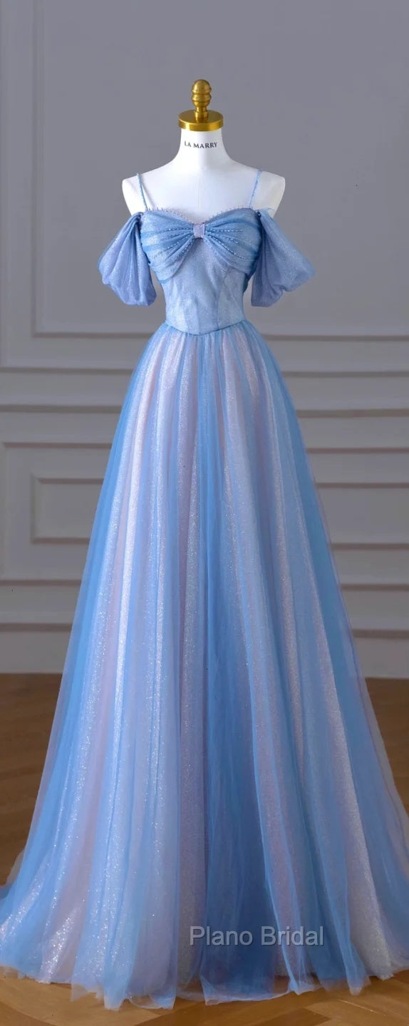 Classy A Line Spaghetti Straps Long Party Dresses Blue Formal Prom Dresses