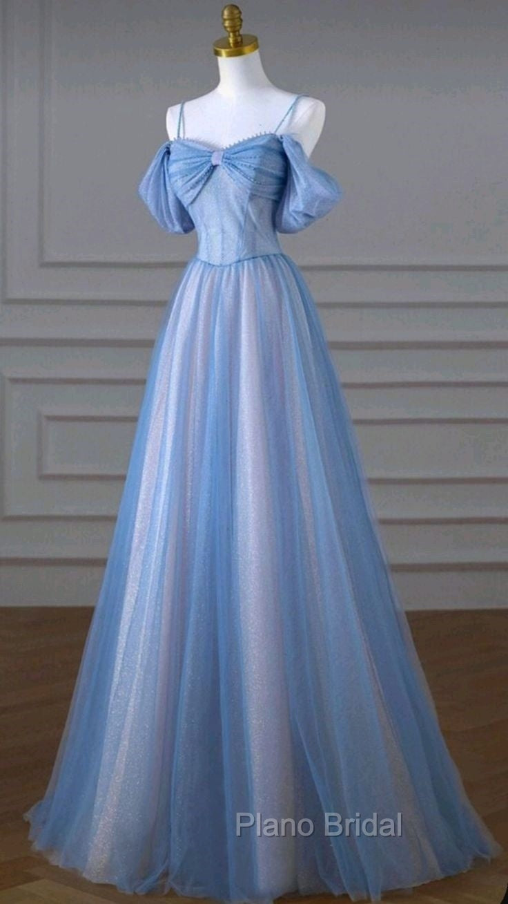 Classy A Line Spaghetti Straps Long Party Dresses Blue Formal Prom Dresses