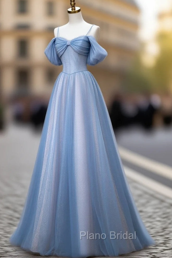 Classy A Line Spaghetti Straps Long Party Dresses Blue Formal Prom Dresses Main image