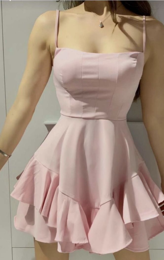 Classy A Line Spaghetti Straps Pink Satin With Ruffle Hem Short Homecoming Dresses 18Th Birthday Outfits Secondary image