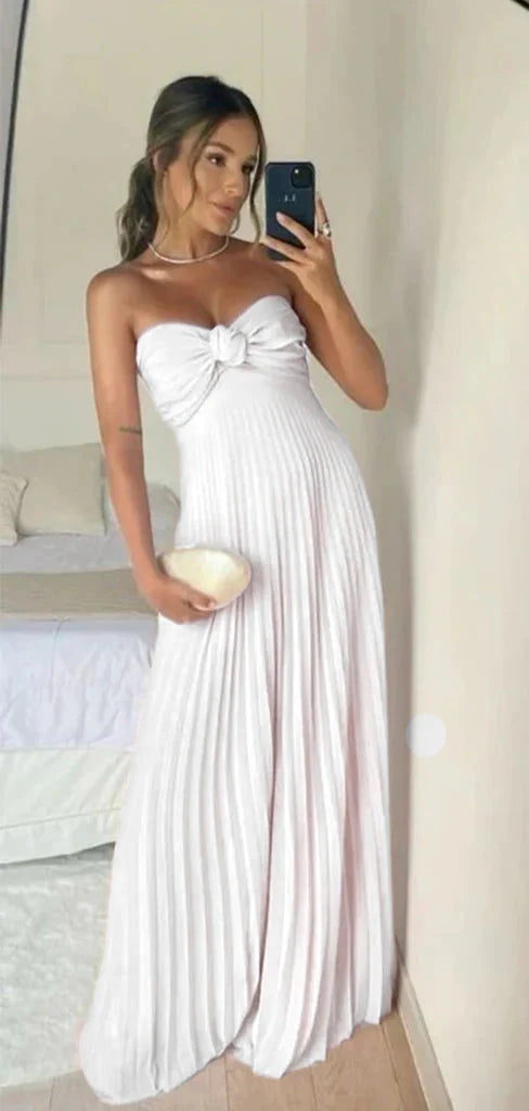 Classy A Line Strapless Light Pink Chiffon Long Formal Prom Dresses Formal Evening Dresses With Ruffles