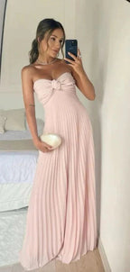 Classy A Line Strapless Light Pink Chiffon Long Formal Prom Dresses Formal Evening Dresses With Ruffles