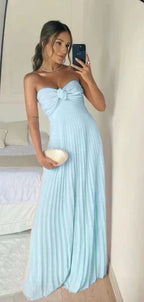Classy A Line Strapless Light Pink Chiffon Long Formal Prom Dresses Formal Evening Dresses With Ruffles