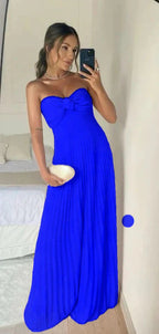 Classy A Line Strapless Light Pink Chiffon Long Formal Prom Dresses Formal Evening Dresses With Ruffles