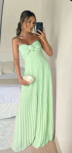 Classy A Line Strapless Light Pink Chiffon Long Formal Prom Dresses Formal Evening Dresses With Ruffles