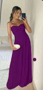 Classy A Line Strapless Light Pink Chiffon Long Formal Prom Dresses Formal Evening Dresses With Ruffles