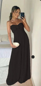 Classy A Line Strapless Light Pink Chiffon Long Formal Prom Dresses Formal Evening Dresses With Ruffles