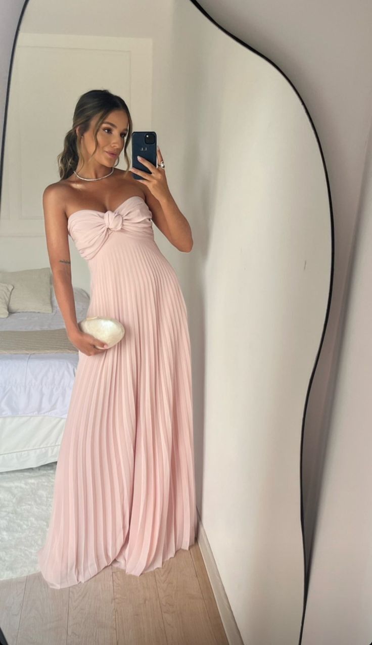 Classy A Line Strapless Light Pink Chiffon Long Formal Prom Dresses Formal Evening Dresses With Ruffles Main image