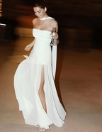 Classy A Line Strapless White Chiffon Long Formal Evening Dresses Formal Prom Dresses
