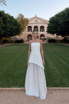 Classy A Line Strapless White Chiffon Long Formal Evening Dresses Formal Prom Dresses