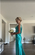 Classy A Line V Neckline Blue Satin Sleeveless Long Formal Prom Dresses