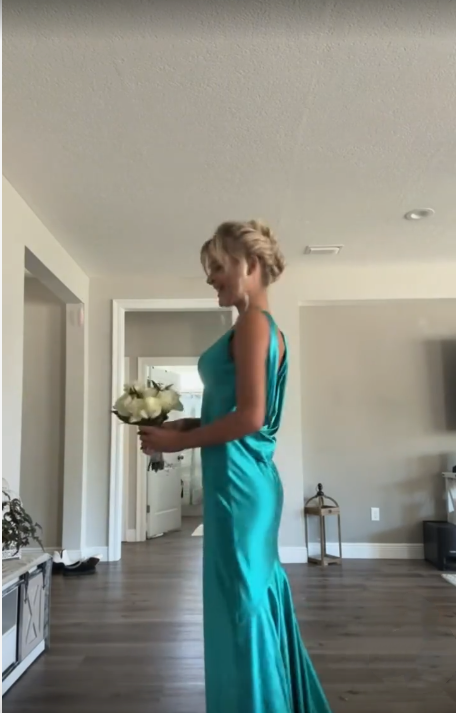 Classy A Line V Neckline Blue Satin Sleeveless Long Formal Prom Dresses
