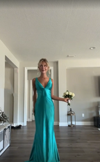 Classy A Line V Neckline Blue Satin Sleeveless Long Formal Prom Dresses