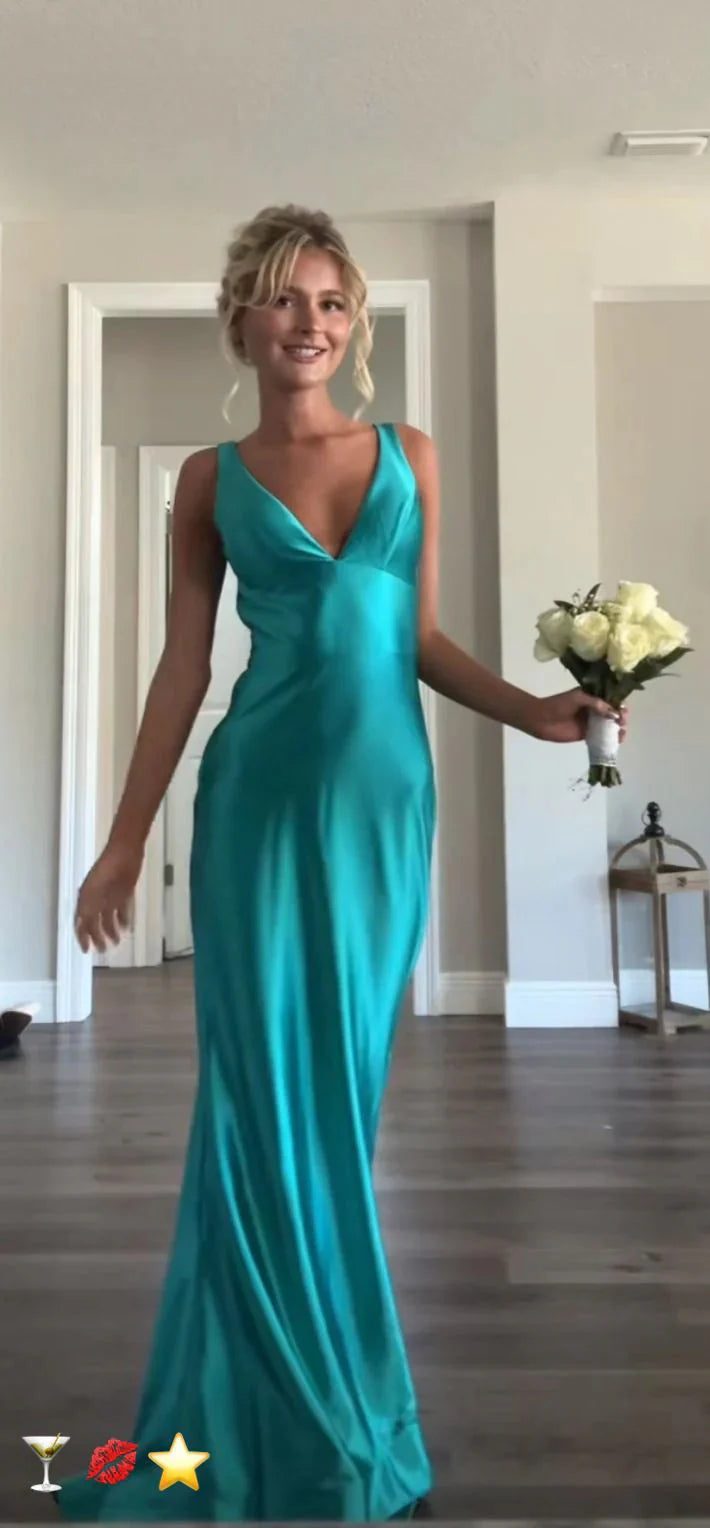 Classy A Line V Neckline Blue Satin Sleeveless Long Formal Prom Dresses