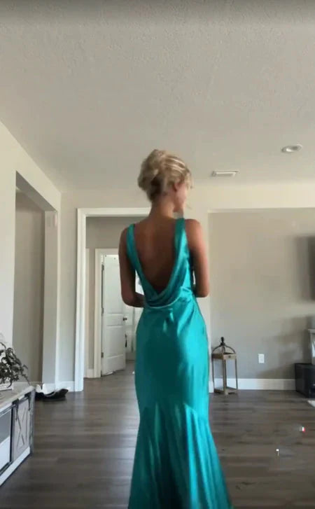 Classy A Line V Neckline Blue Satin Sleeveless Long Formal Prom Dresses