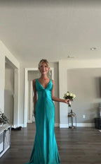 Classy A Line V Neckline Blue Satin Sleeveless Long Formal Prom Dresses
