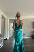 Classy A Line V Neckline Blue Satin Sleeveless Long Formal Prom Dresses