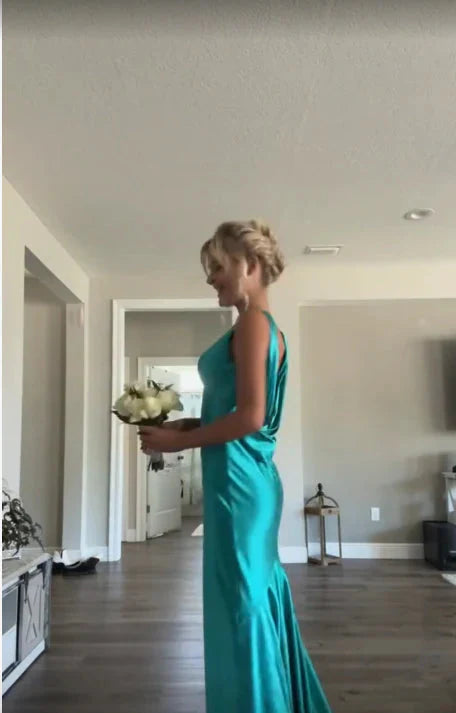 Classy A Line V Neckline Blue Satin Sleeveless Long Formal Prom Dresses