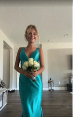 Classy A Line V Neckline Blue Satin Sleeveless Long Formal Prom Dresses