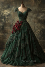 Classy Ball Gown Short Sleeves Dark Green Lace Long Party Dresses Satin Formal Prom Dresses