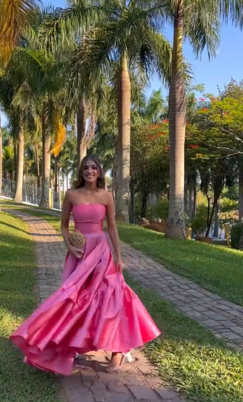 Classy Ball Gown Strapless Pink Floor Length Satin Slit Formal Prom Dresses Formal Evening Gowns