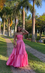 Classy Ball Gown Strapless Pink Floor Length Satin Slit Formal Prom Dresses Formal Evening Gowns