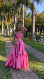 Classy Ball Gown Strapless Pink Floor Length Satin Slit Formal Prom Dresses Formal Evening Gowns