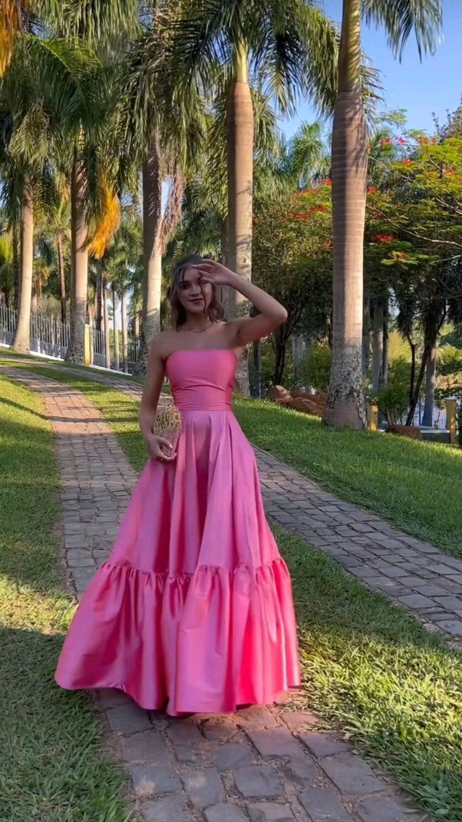 Classy Ball Gown Strapless Pink Floor Length Satin Slit Formal Prom Dresses Formal Evening Gowns