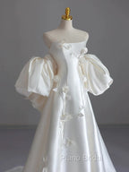 Classy Ball Gown Strapless Short Sleeves Satin White Wedding Dresses Brides Dresses