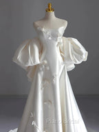 Classy Ball Gown Strapless Short Sleeves Satin White Wedding Dresses Brides Dresses