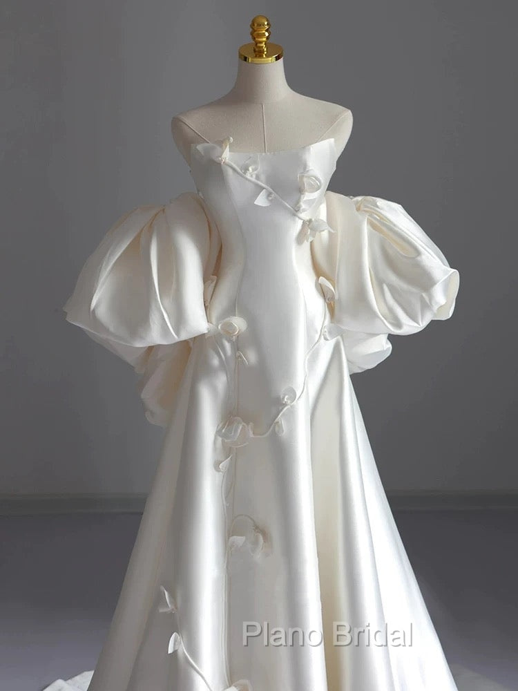 Classy Ball Gown Strapless Short Sleeves Satin White Wedding Dresses Brides Dresses