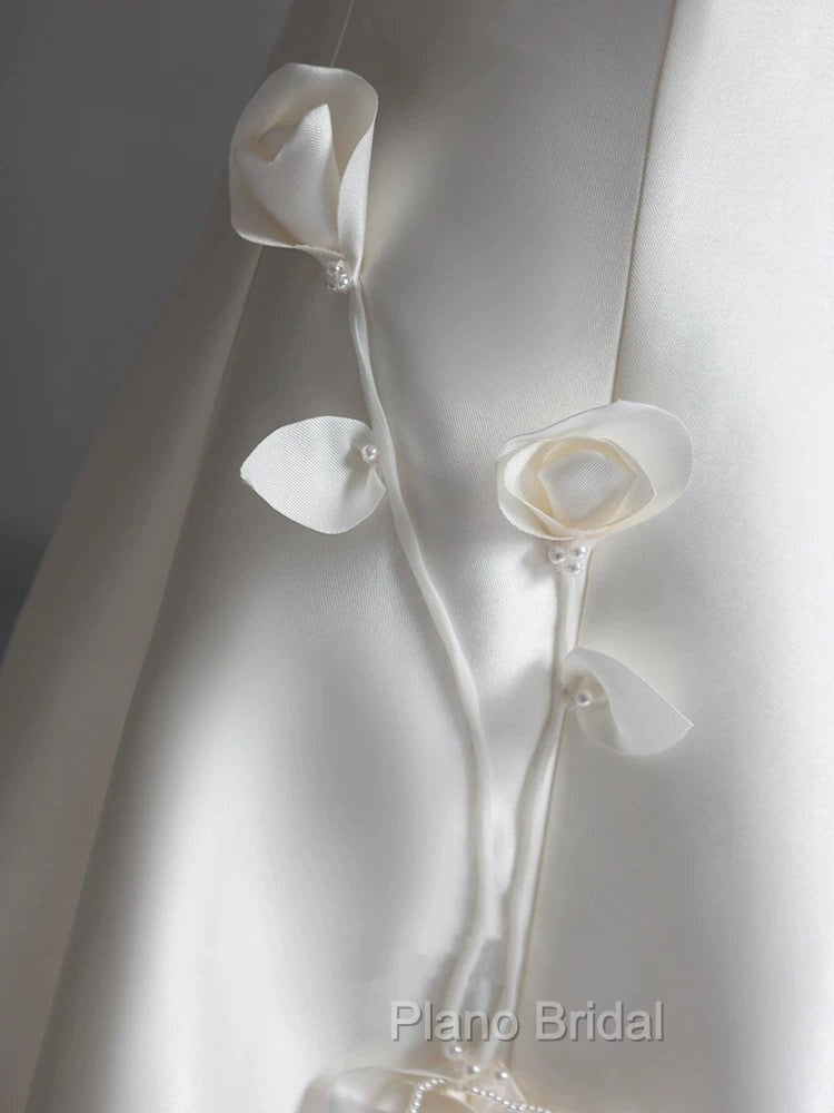 Classy Ball Gown Strapless Short Sleeves Satin White Wedding Dresses Brides Dresses