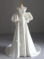 Classy Ball Gown Strapless Short Sleeves Satin White Wedding Dresses Brides Dresses