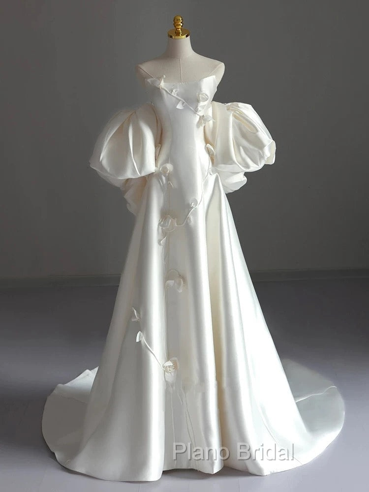Classy Ball Gown Strapless Short Sleeves Satin White Wedding Dresses Brides Dresses