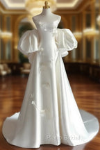Classy Ball Gown Strapless Short Sleeves Satin White Wedding Dresses Brides Dresses