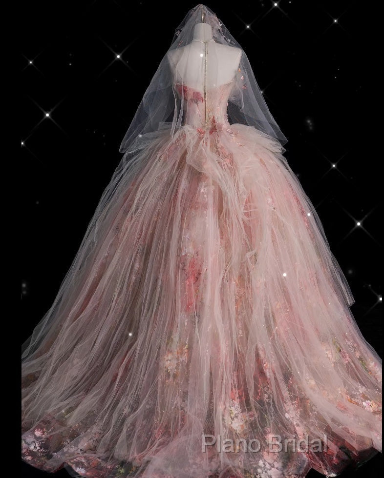 Classy Ball Gown Sweetheart Pink Floral Tulle Long Formal Dresses Formal Prom Dresses
