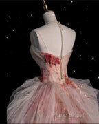 Classy Ball Gown Sweetheart Pink Floral Tulle Long Formal Dresses Formal Prom Dresses