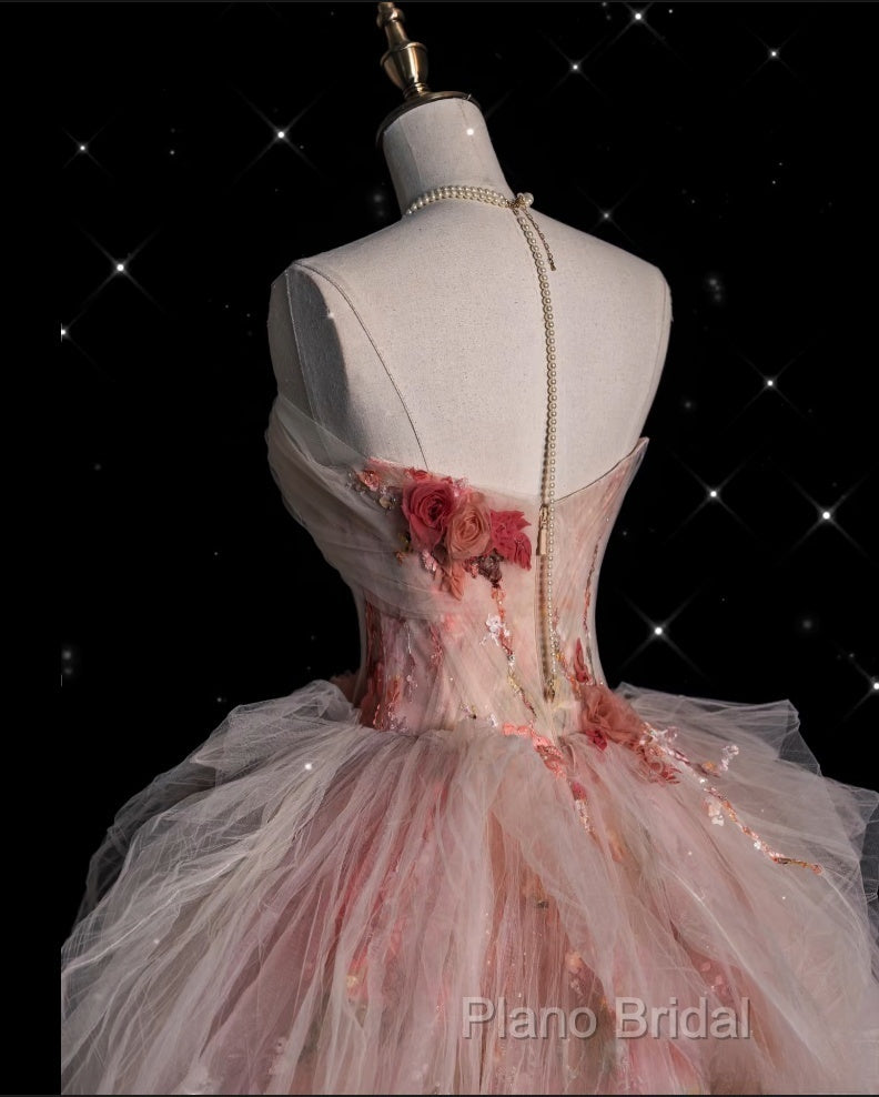 Classy Ball Gown Sweetheart Pink Floral Tulle Long Formal Dresses Formal Prom Dresses