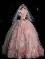 Classy Ball Gown Sweetheart Pink Floral Tulle Long Formal Dresses Formal Prom Dresses