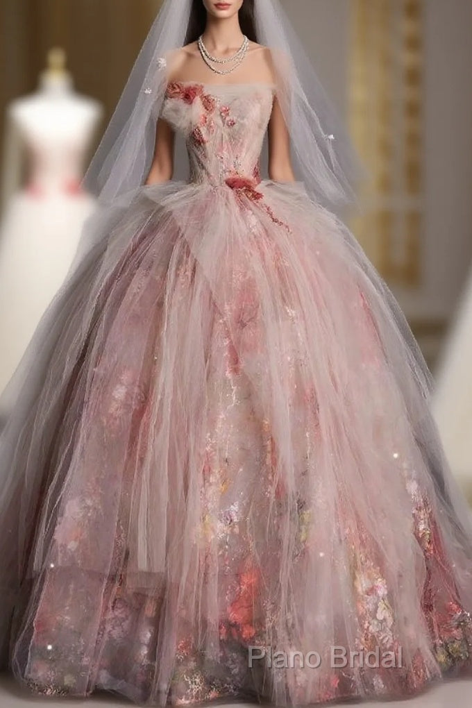 Classy Ball Gown Sweetheart Pink Floral Tulle Long Formal Dresses Formal Prom Dresses Main image