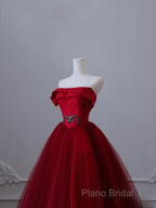 Classy Balll Gown Strapless Red Tulle Long Formal Dresses Formal Prom Dresses