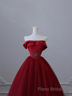 Classy Balll Gown Strapless Red Tulle Long Formal Dresses Formal Prom Dresses