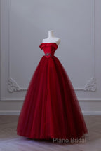 Classy Balll Gown Strapless Red Tulle Long Formal Dresses Formal Prom Dresses