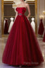 Classy Balll Gown Strapless Red Tulle Long Formal Dresses Formal Prom Dresses