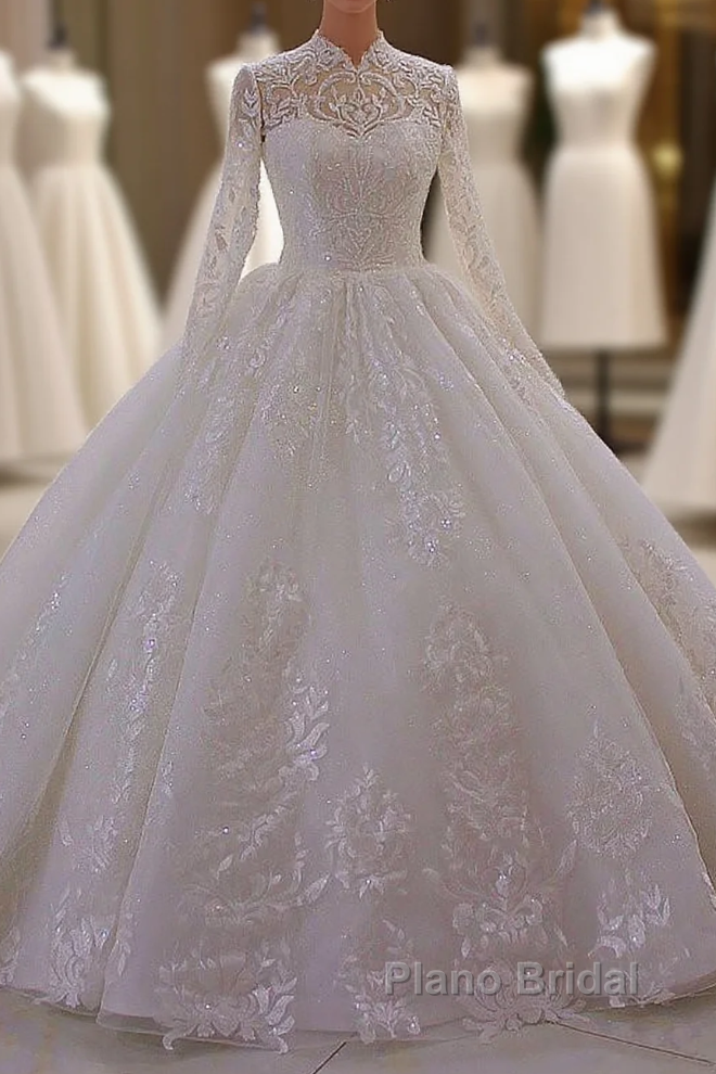Classy Long A-line High Neck Appliques Lace Pearl Sequins Ruffles Wedding Dress with Sleeves Main image