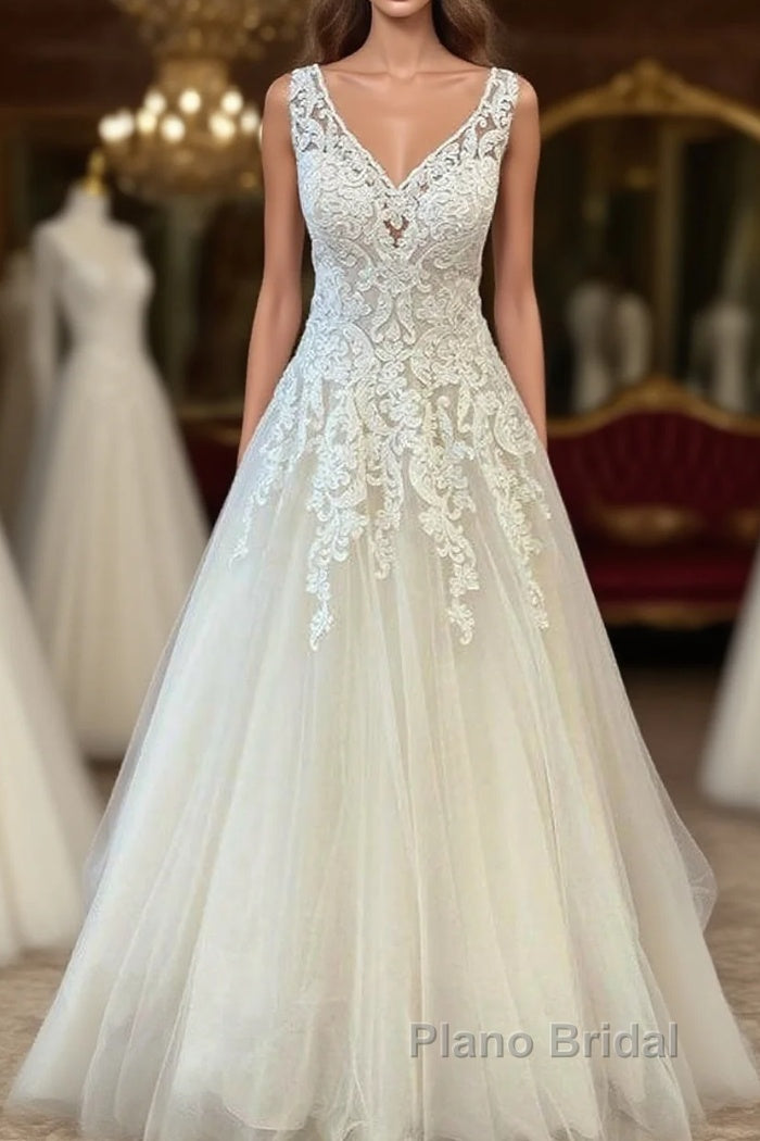 Classy Long A-Line Sweetheart Appliques Lace Tulle Backless Wedding Dress