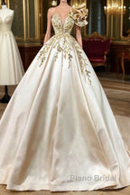 Classy Long A-Line Sweetheart Crystal Satin Ruffles Wedding Dress